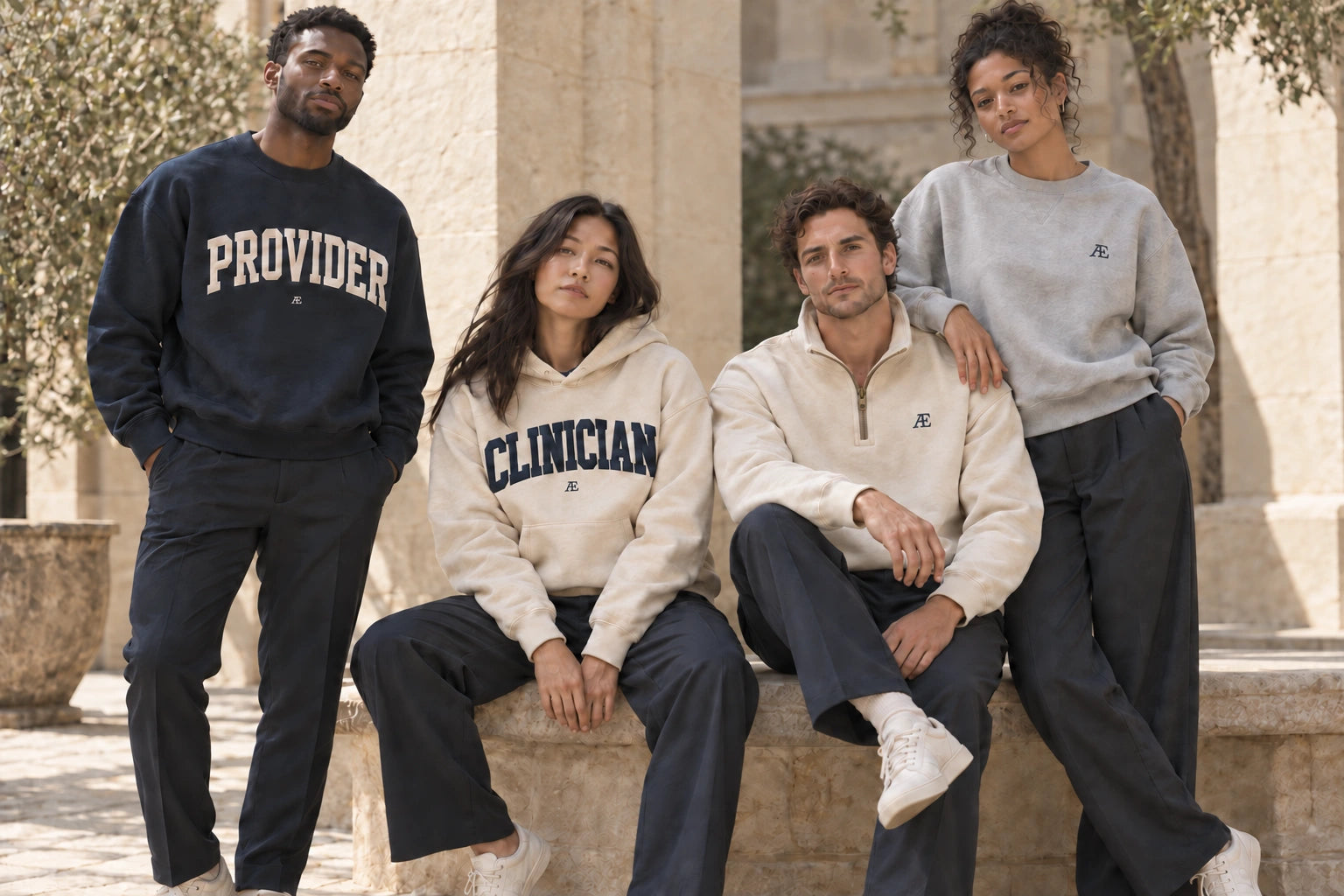 Four members of the AE reference cast together in a sunlit courtyard, wearing navy, bone and heather garments